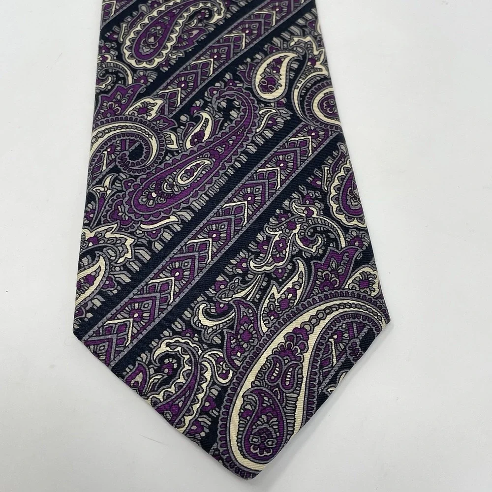 Mens Tie Handmade USA Italy Silk Purple Black Cream Gray 3.5x58